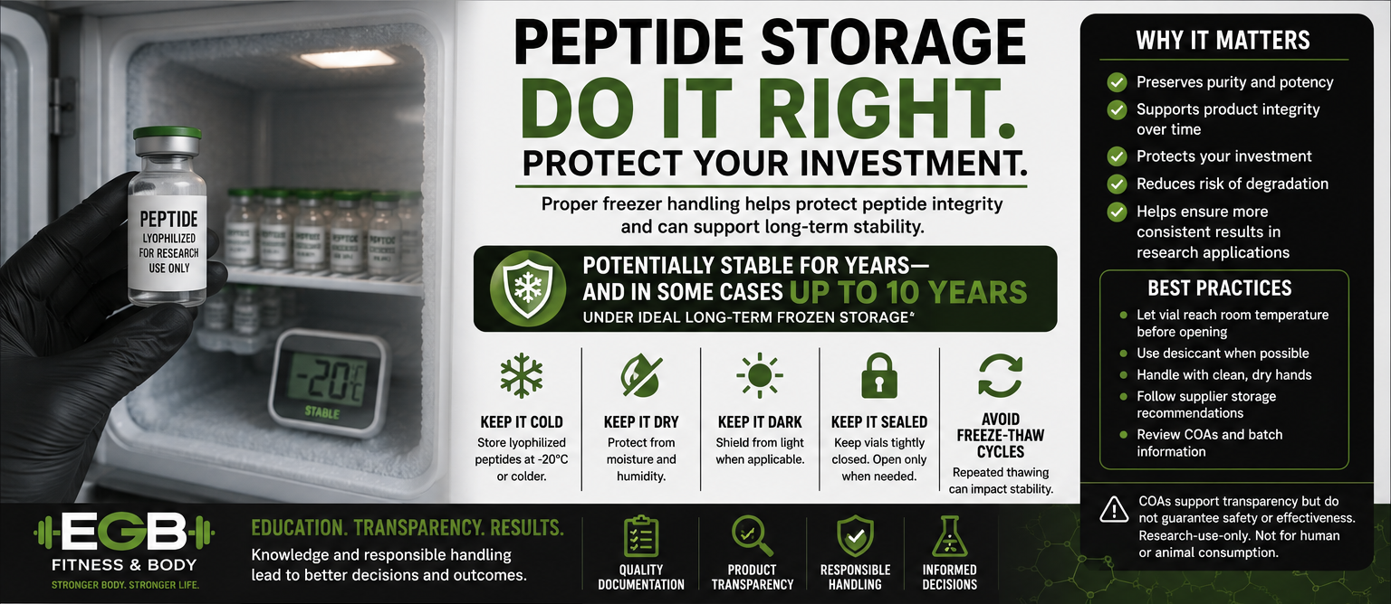 Infographic explaining peptide shelf life and freezer handling with lyophilized peptide vials stored under controlled frozen conditions.