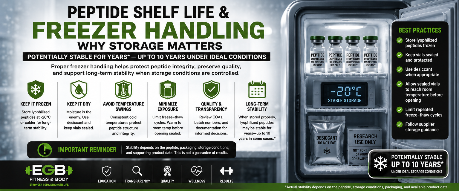 Peptide freezer storage infographic showing best practices such as keeping vials frozen, dry, sealed, protected, and avoiding repeated freeze-thaw cycles.
