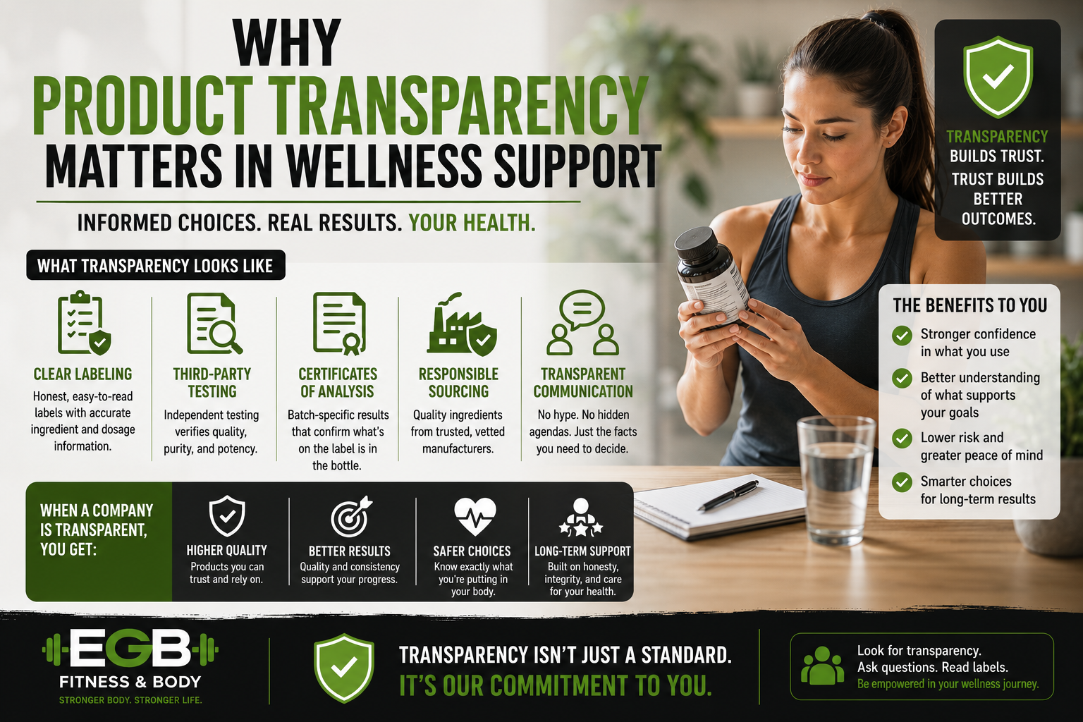 Infographic about product transparency in wellness support showing a woman reviewing a product label with icons for trust, testing, quality, and informed decisions.