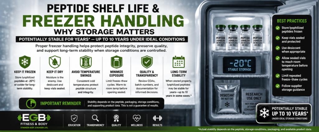 Infographic showing proper peptide freezer handling with lyophilized peptide vials, cold storage, dry storage, sealed containers, and long-term stability guidance.