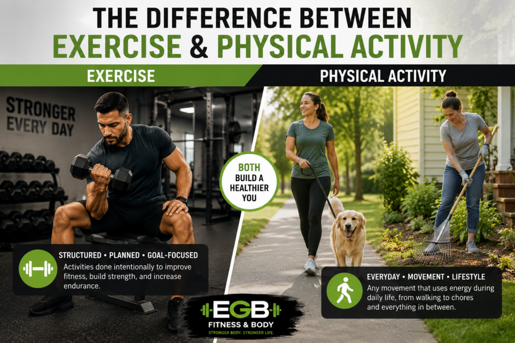 Infographic comparing structured exercise with everyday physical activity, including gym training, walking, and yard work.