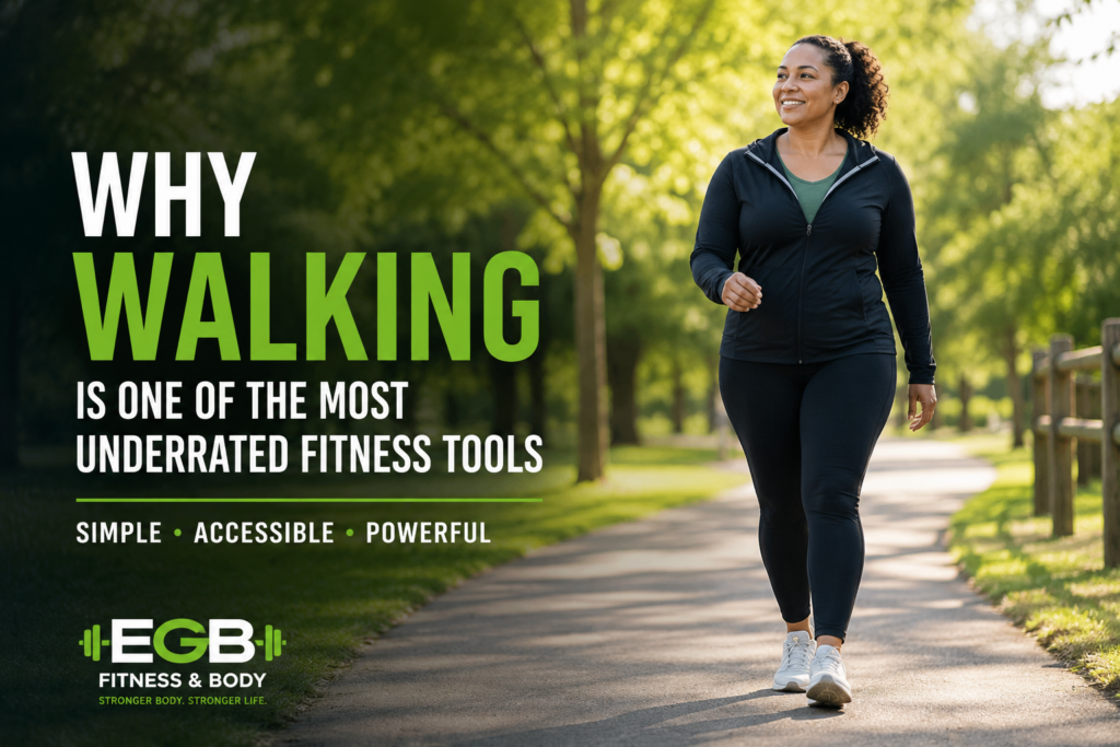 Woman walking on a sunny park path promoting walking as an accessible fitness activity.