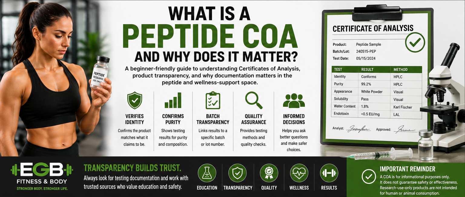 Infographic explaining what a peptide Certificate of Analysis is, why it matters, and how it supports product transparency and informed decision-making.