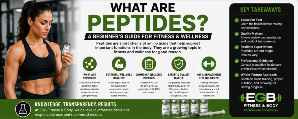 Fitness infographic about peptides and body composition showing a woman reviewing a peptide vial with key questions about training, nutrition, recovery, COAs, and responsible expectations.